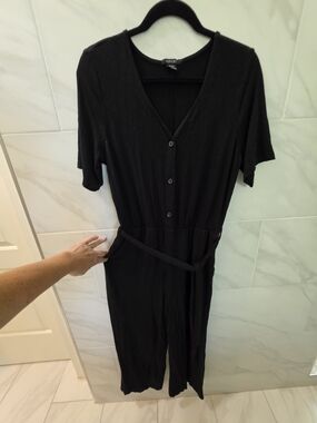 Black Women's Button-Front Jumpsuit with Tie Waist